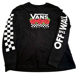 Vans Rose Checkered Long Sleeve T-Shirt Women's S Black Skateboard Streetwear